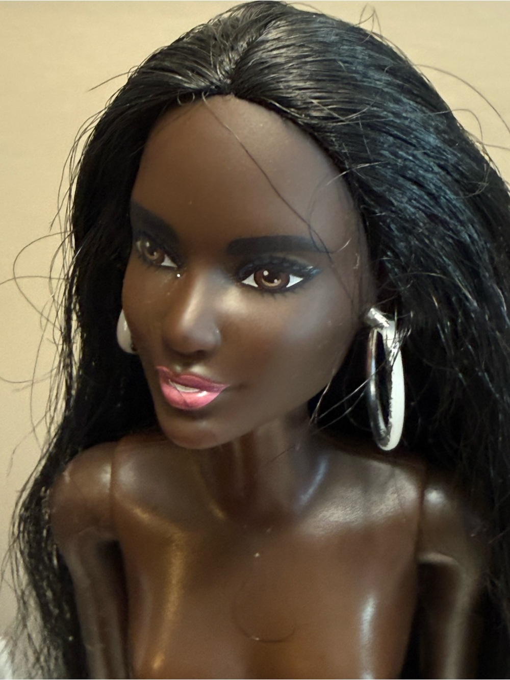 Barbie Mattel dark skin doll black straight hair silver hoop earrings nude